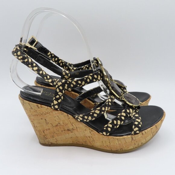 Eric Javits Womens 8 M Rhinestone Black Woven Raffia Cork Wedge Sandals Heels - Picture 7 of 12